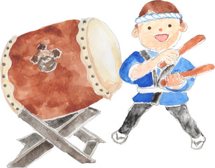 和太鼓をたたく子どものイラスト　ベクター