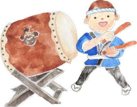 和太鼓をたたく子どものイラスト　ベクター