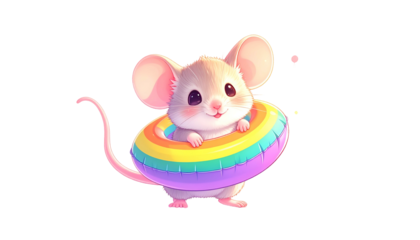 Adorable mouse floating in a rainbow-colored inner tube, smiling with big eyes
