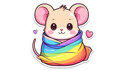Cute cartoon mouse wrapped in a rainbow blanket, surrounded by hearts