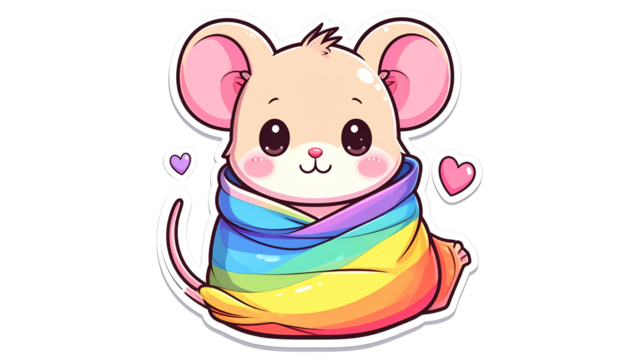 Cute cartoon mouse wrapped in a rainbow blanket, surrounded by hearts - Powered by Adobe