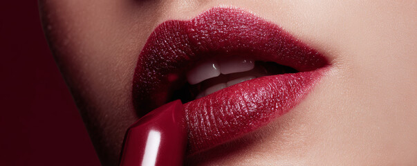 Red lipstick application on lips with smooth skin and glossy texture, creating sensual and elegant makeup look