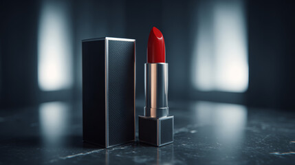 Red lipstick with black case on reflective surface in soft light, elegant cosmetic product for beauty and style enhancement