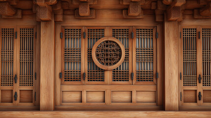 Intricate wooden facade of a traditional building, showcasing its architectural beauty. The design includes latticed windows and doors, and a round window in the center.