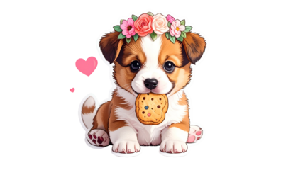 Cute puppy with flower crown and cookie, sits and looks at viewer with two hearts