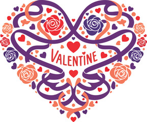 Intricate ribbon heart emblem with roses Valentine flat vector illustration on transparent background