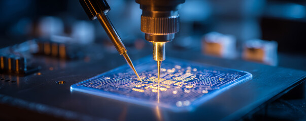 Micro soldering on electronic circuit board with precision tools in technology workshop for repair and assembly