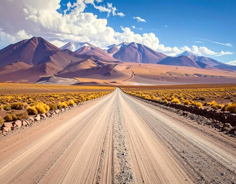 A scenic dirt road stretches toward majestic, snow-capped mountains under a vibrant blue sky dotted with puffy clouds - Powered by Adobe