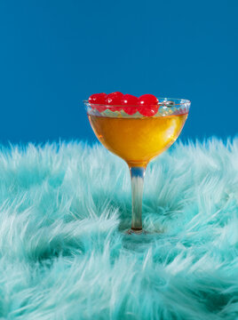 Whiskey Cocktail Set on Retro Blue Fur with Blue Background