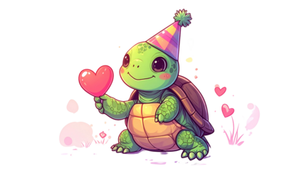 Cute cartoon turtle wearing a party hat, holding a heart balloon, with hearts around