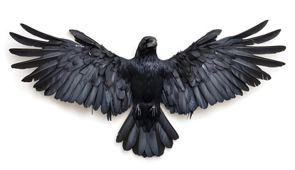Obraz premium Majestic black raven with spread wings, showcasing intricate feather details against clean white background, evokes sense of mystery and elegance