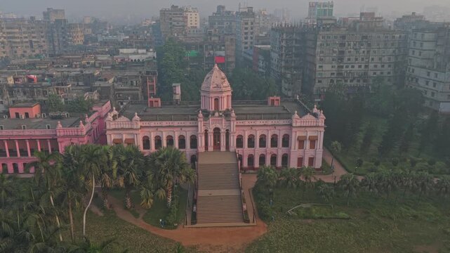 Drone footage of Pink Palace Ahsan Manzil overlooking Old Dhaka, Bangladesh