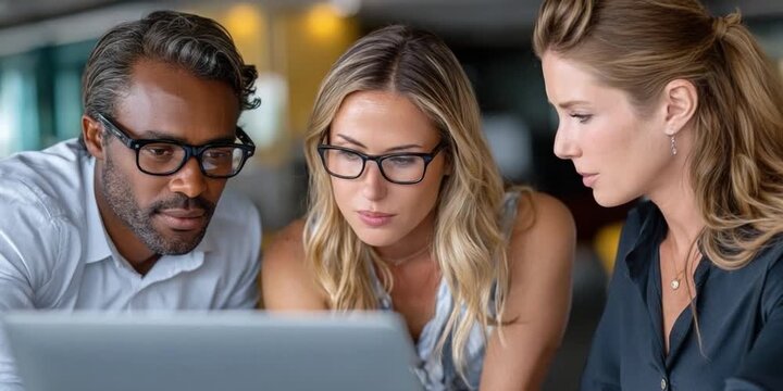 Focus Group: A focused group of colleagues engaged in an important discussion, heads bent over a shared laptop, each intently studying the details.