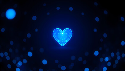 Heart shape made of blue dots and lines on a dark background with glowing effects