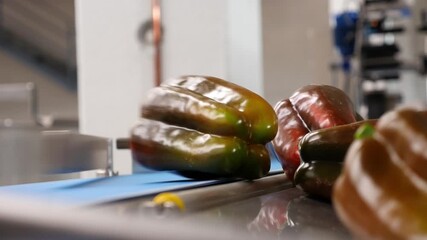 Fresh red and green peppers on a conveyor belt at an agricultural cooperative. An example of the industrial process of food sorting and quality control.