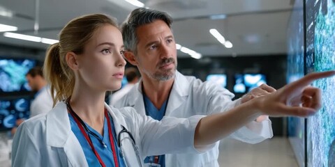 Medical Professionals Analyzing Data: A focused doctor and a nurse in lab coats engage in a deep analysis of complex data displayed on a digital screen. - Powered by Adobe
