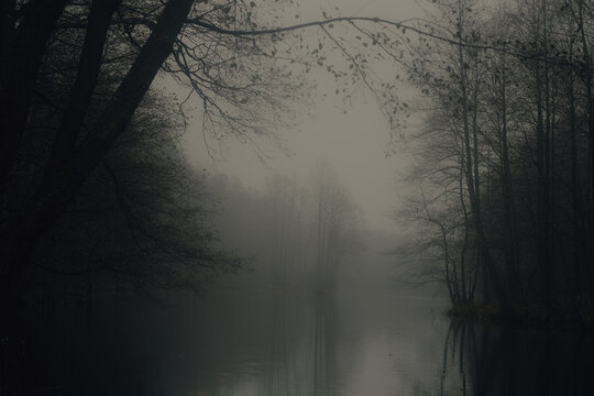 foggy forest river at dawn
