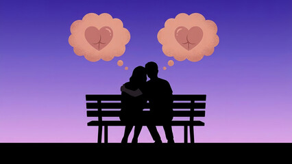 Silhouette of a couple embracing intimately on a park bench beneath a twilight sky, both thinking about affectionate rear ends stylized as hearts.