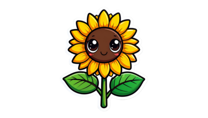 Cartoon sunflower with large eyes, a smiling face, and vibrant yellow petals, isolated