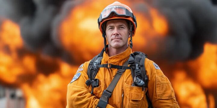 Courage Under Fire: A determined firefighter stands steadfastly amidst a raging inferno, a symbol of bravery and dedication in the face of danger.