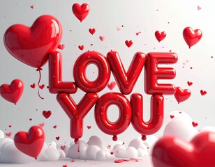 I Love You text written in floating 3D red heart shapes,white background.