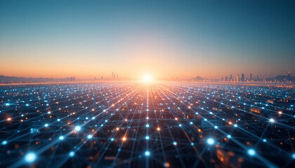 A futuristic cityscape at sunset with a grid of glowing blue lights