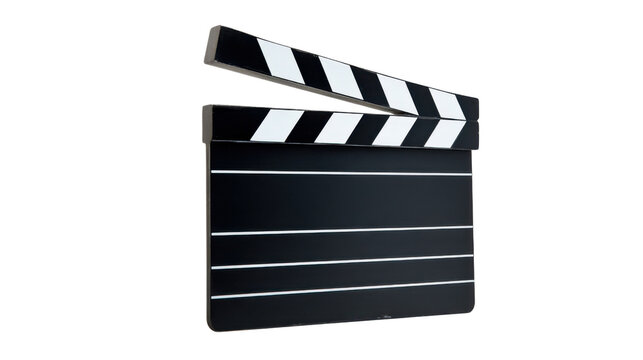 Clapperboard opening with its iconic black and white striped top bar, ready for a movie scene, on a transparent background