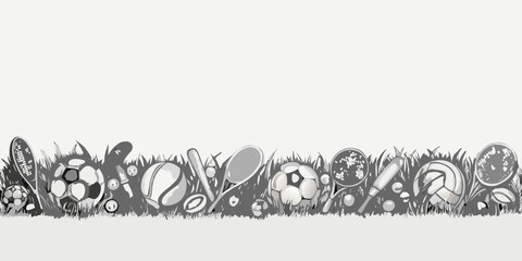 A collection of various sports equipment scattered amongst blades of grass