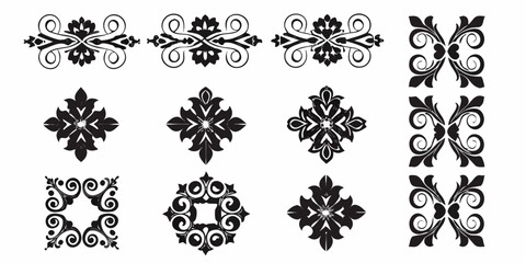 Intricate black and white floral and geometric ornamental design elements