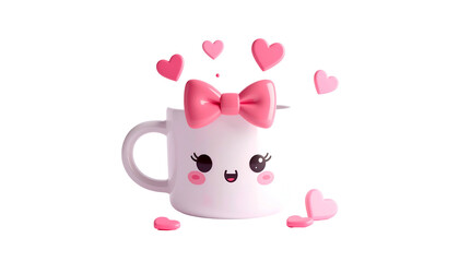 Cute, animated mug with blushing cheeks, bow, and hearts, over a black background