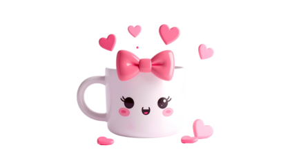 Cute, animated mug with blushing cheeks, bow, and hearts, over a black background