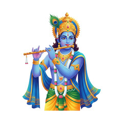 Fototapeta premium Hindu deity Krishna depicted playing a flute with a peacock feather on his crown against a black background isolated on a transparent background
