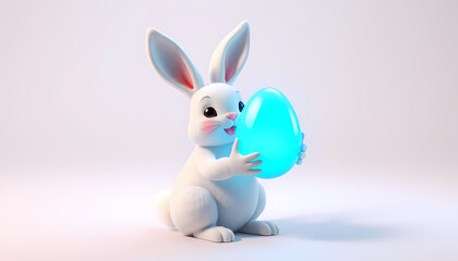 Cute rabbit holds blue egg in studio setting during Easter season celebrations