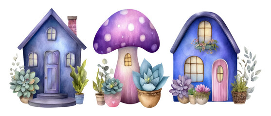 Serene Storybook Illustration of Charming Houses and Whimsical Mushroom Design