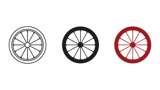 Set of three bicycle wheels in different colors and styles