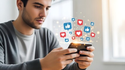 Young man engaged with smartphone, a cascade of glowing social media like and heart icons symbolizing digital connection and modern online interaction