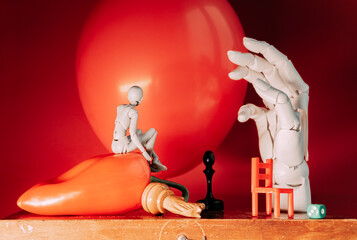 Creative scene with figures and objects on display