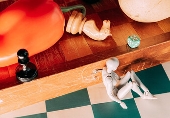 Creative arrangement of objects on a wooden board