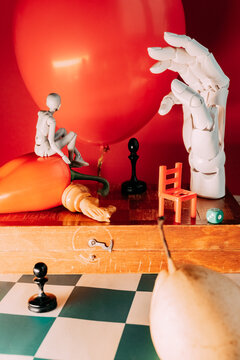 Tabletop scene with models and game pieces