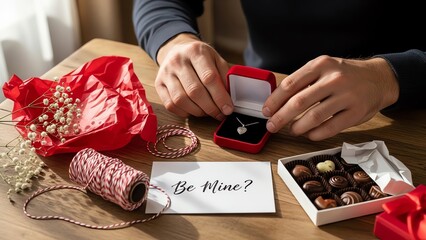 Proposal with jewelry, card, and chocolates on table
