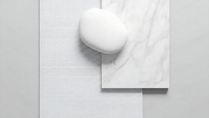 Top view flat lay mood board featuring white materials, including a textured rug, smooth stone, and marble
