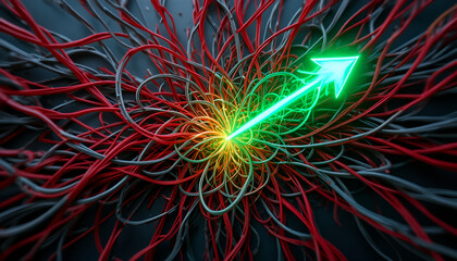 A glowing green arrow points upwards through a complex network of red and gray wires