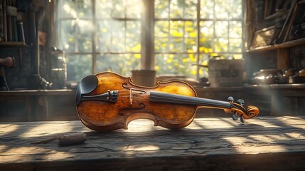 Violin on wooden table.