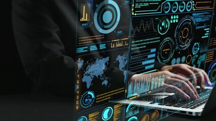 A captivating view of data analysis in a dark environment, showcasing hands typing on a laptop surrounded by interactive graphs and charts for enhanced visualization. Cipher - Powered by Adobe