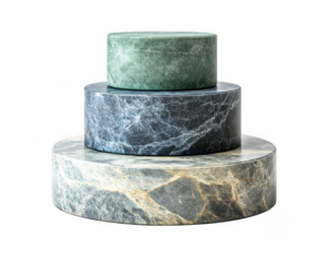Three marbled cylinder display stands stacked together create a sculptural look on transparent background