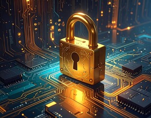 A golden padlock over a blue and gold circuit board symbolizing security