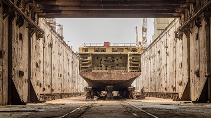 hydrologic. Massive steel caisson supported by jacks in an industrial dry dock setting. safety posters, maintenance manuals, designed for precision metalworking and fabrication facilities.