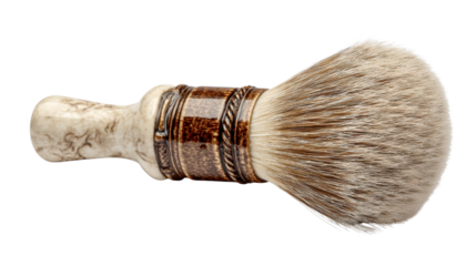 Shaving brush with classic handle and natural bristles for men's grooming, creating lather for a close wet shave