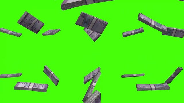Costa Rican Colon banknotes falling on green screen, CRC currency rain colorful animation