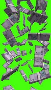 Vertical Costa Rican Colon bills falling on chromakey, CRC finance animation for mobile reels